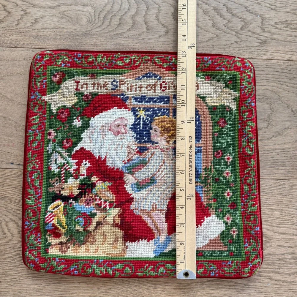 Vintage Santa Spirit of Giving Needlepoint Christmas‎ Pillow Cover Red Velvet